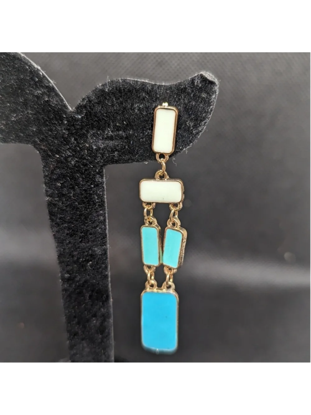 Kate Spade Gold Tone Blue Enamel Rectangle Dangle Drop Statement Earrings